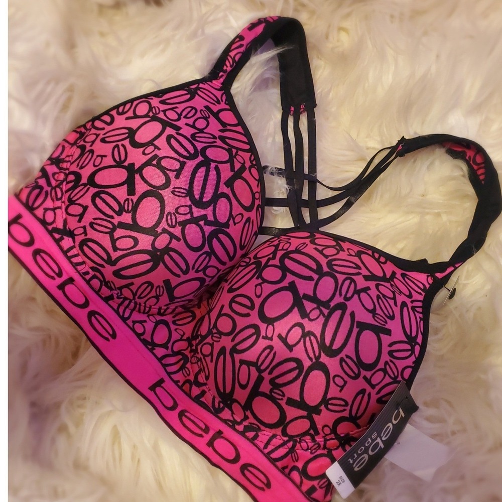 NWT Bebe Sport Pink Black Logo Print Strappy Cage Back Padded Sports Bra Size 2X